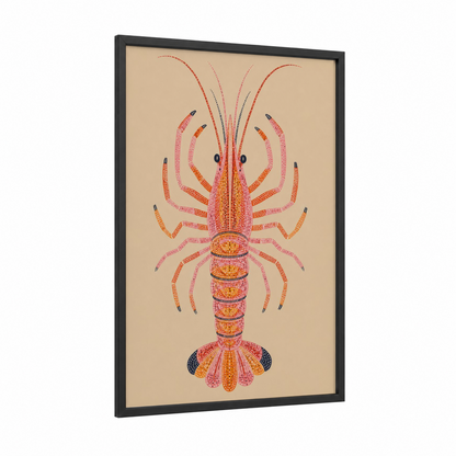 Decorative Lobster Illustration Wall Art framed art print — black wood frame — peach and orange palette