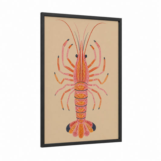 Decorative Lobster Illustration Wall Art framed art print — black wood frame — peach and orange palette