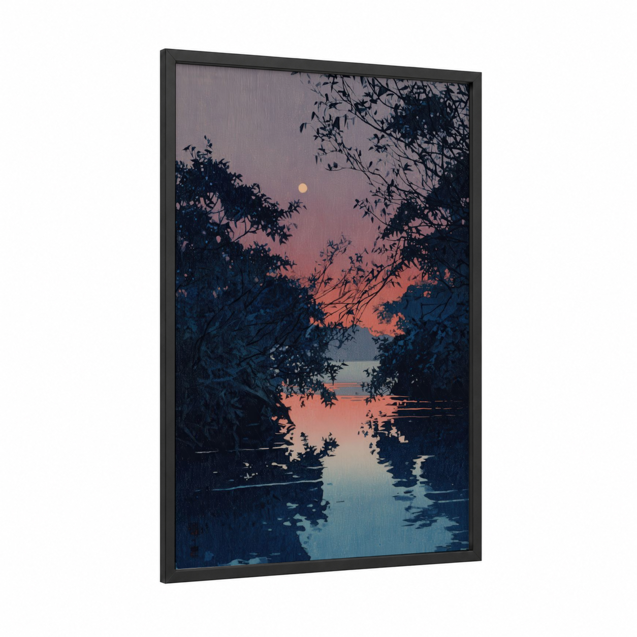 Moonlit Mangrove framed art print — black wood frame — blue and orange palette