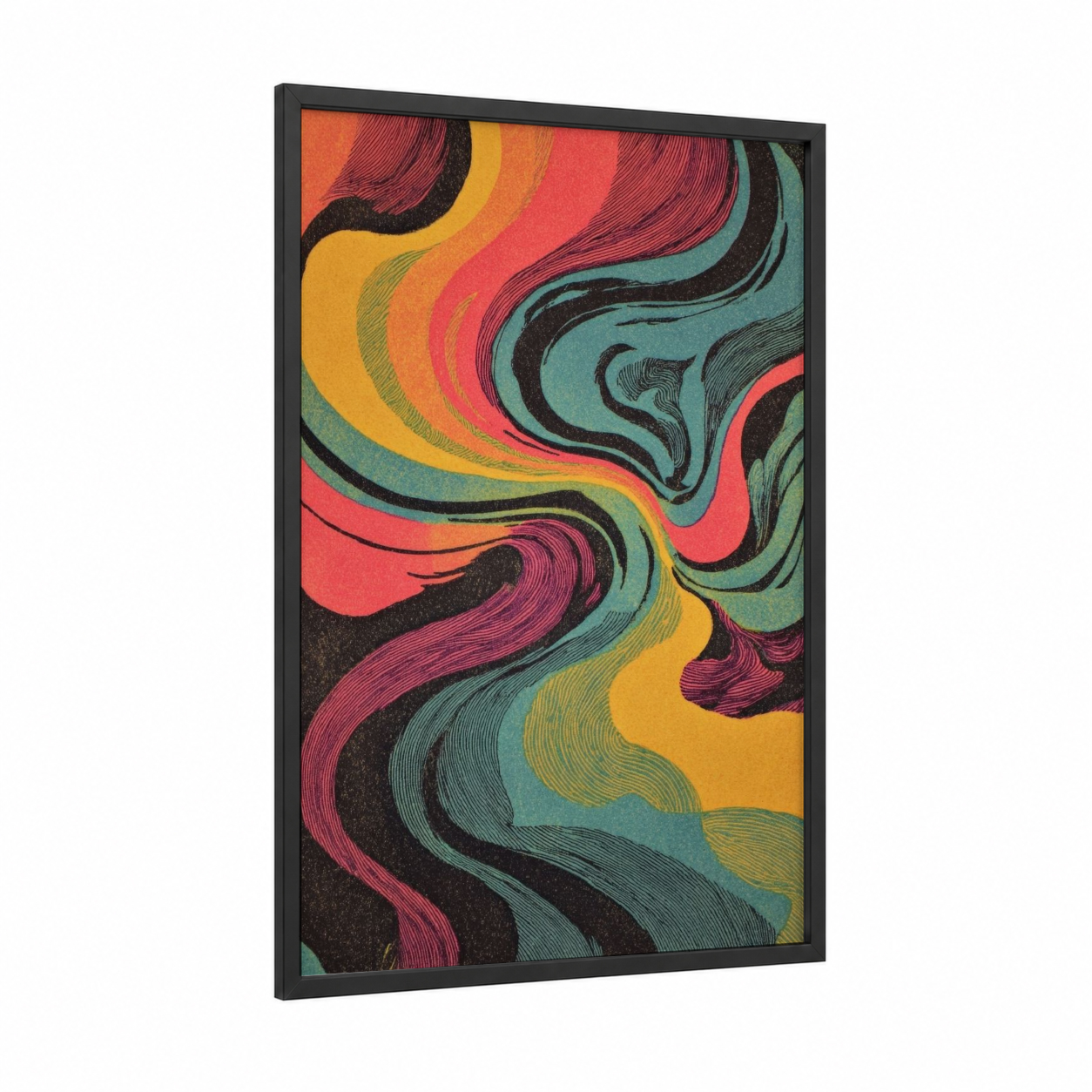 Psychedelic Swirl framed abstract expressionism print — black wood frame — magenta and gold palette
