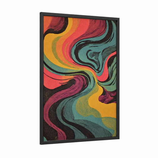 Psychedelic Swirl framed abstract expressionism print — black wood frame — magenta and gold palette