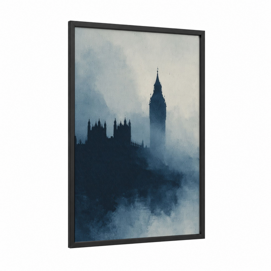 Misty Big Ben framed art print — black wood frame — blue and white and gray palette