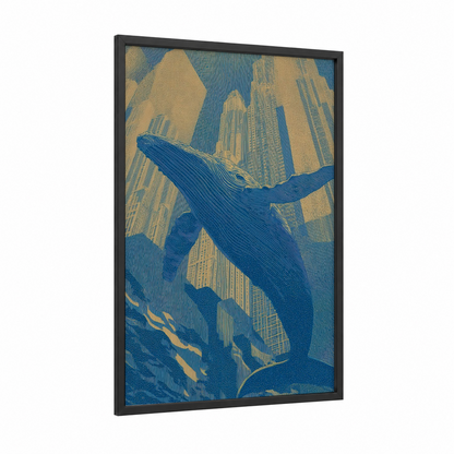 Urban Whale framed blue whale print — black wood frame — blue and gold palette
