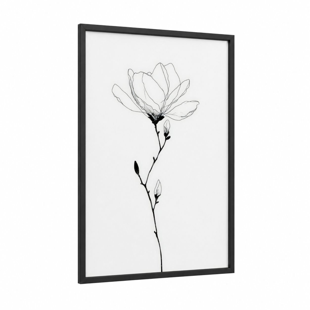 Delicate Magnolia framed art print — black wood frame — black and white palette