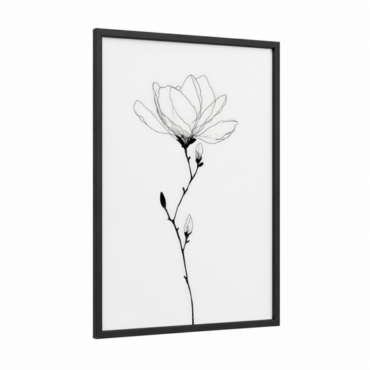 Delicate Magnolia framed art print — black wood frame — black and white palette