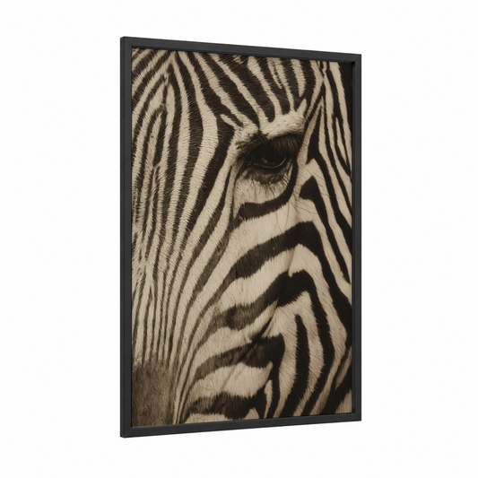Stripes Close-Up framed zebra print — black wood frame — black and white palette