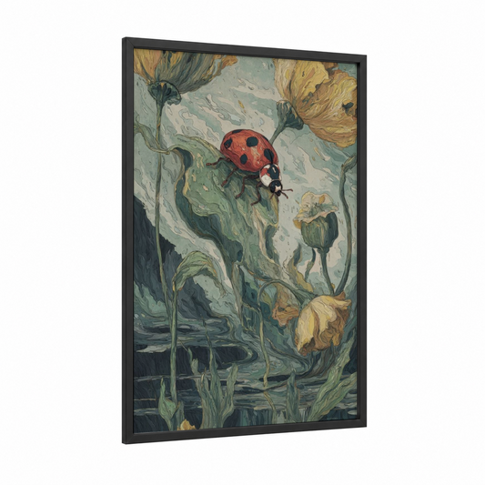 Golden Garden Ladybug framed art print — black wood frame — gold and orange palette