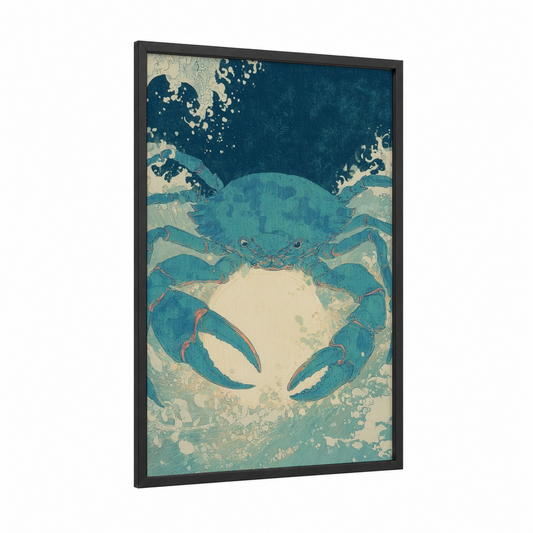 Teal Crab Zodiac framed cancer print — black wood frame — teal and cream palette