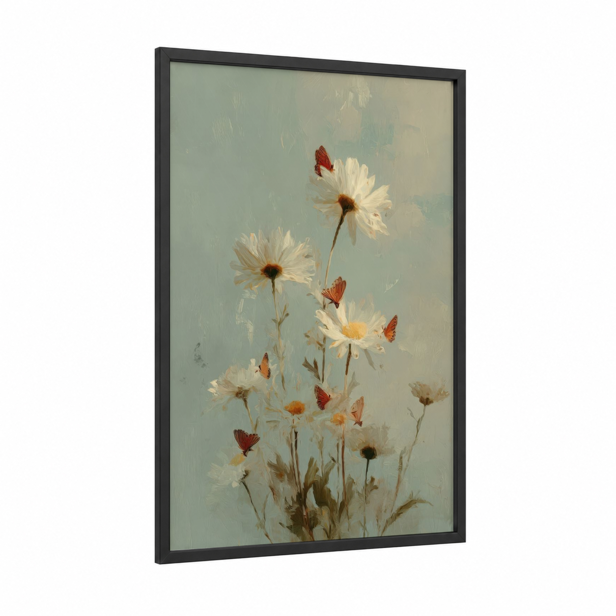 Daisies with Butterflies framed daisy print — black wood frame — sage green and cream palette