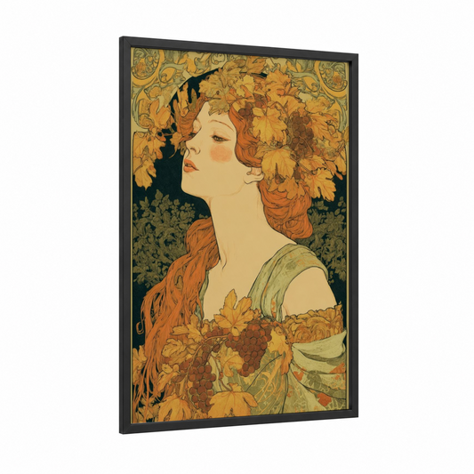 Autumn Maiden framed art print — black wood frame — gold and orange palette