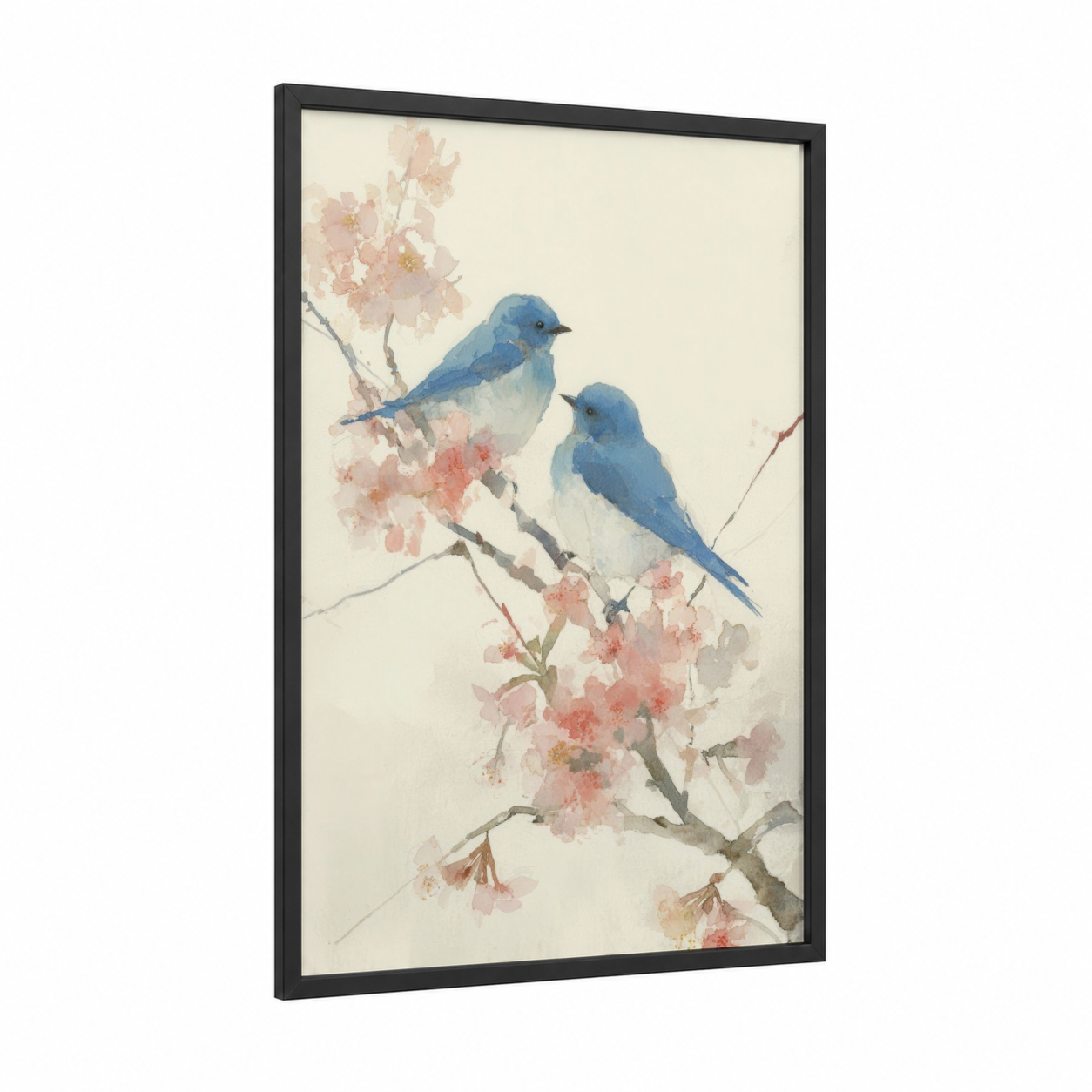 Blue Birds Blossoms framed animals in love print — black wood frame — blue and pink palette