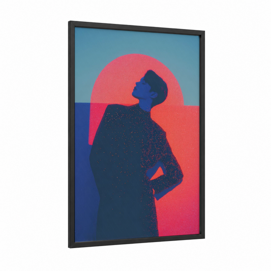 Disco Silhouette framed art print — black wood frame — blue and salmon pink palette