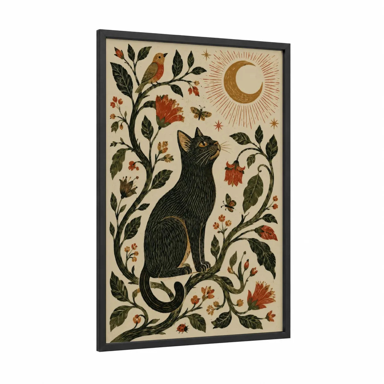 Folk Art Cat Moon Garden Wall Art framed art print — black wood frame — black and beige palette