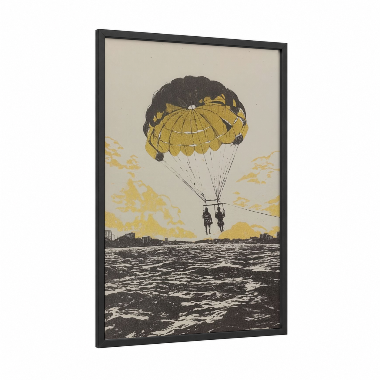 Coastal Parasailing framed art print — black wood frame — yellow gold and black palette