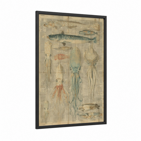 Vintage Squid Study framed art print — black wood frame — cream and teal palette