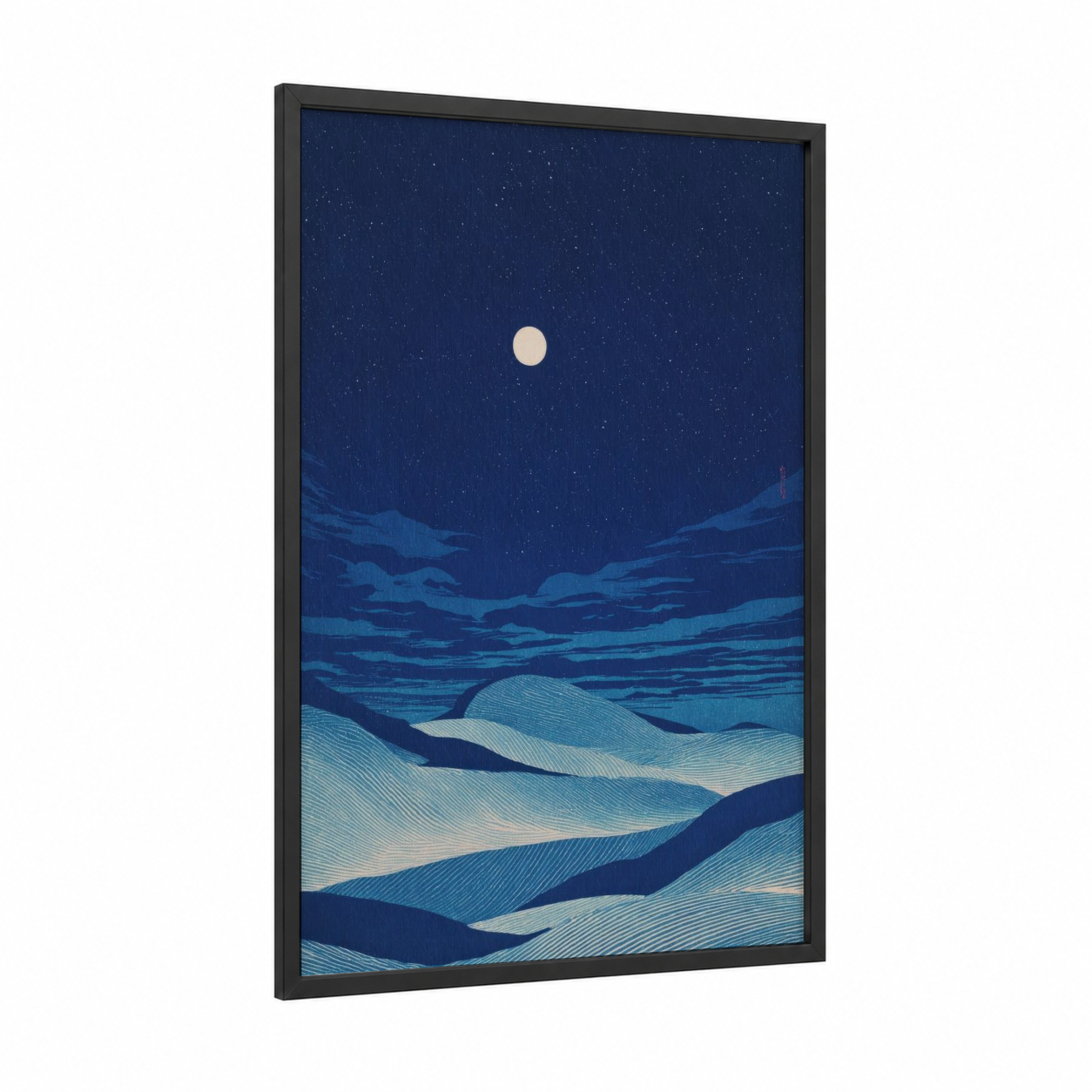 Moonlit Dunes framed islam print — black wood frame — dark blue and cream palette
