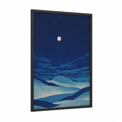 Moonlit Dunes framed islam print — black wood frame — dark blue and cream palette