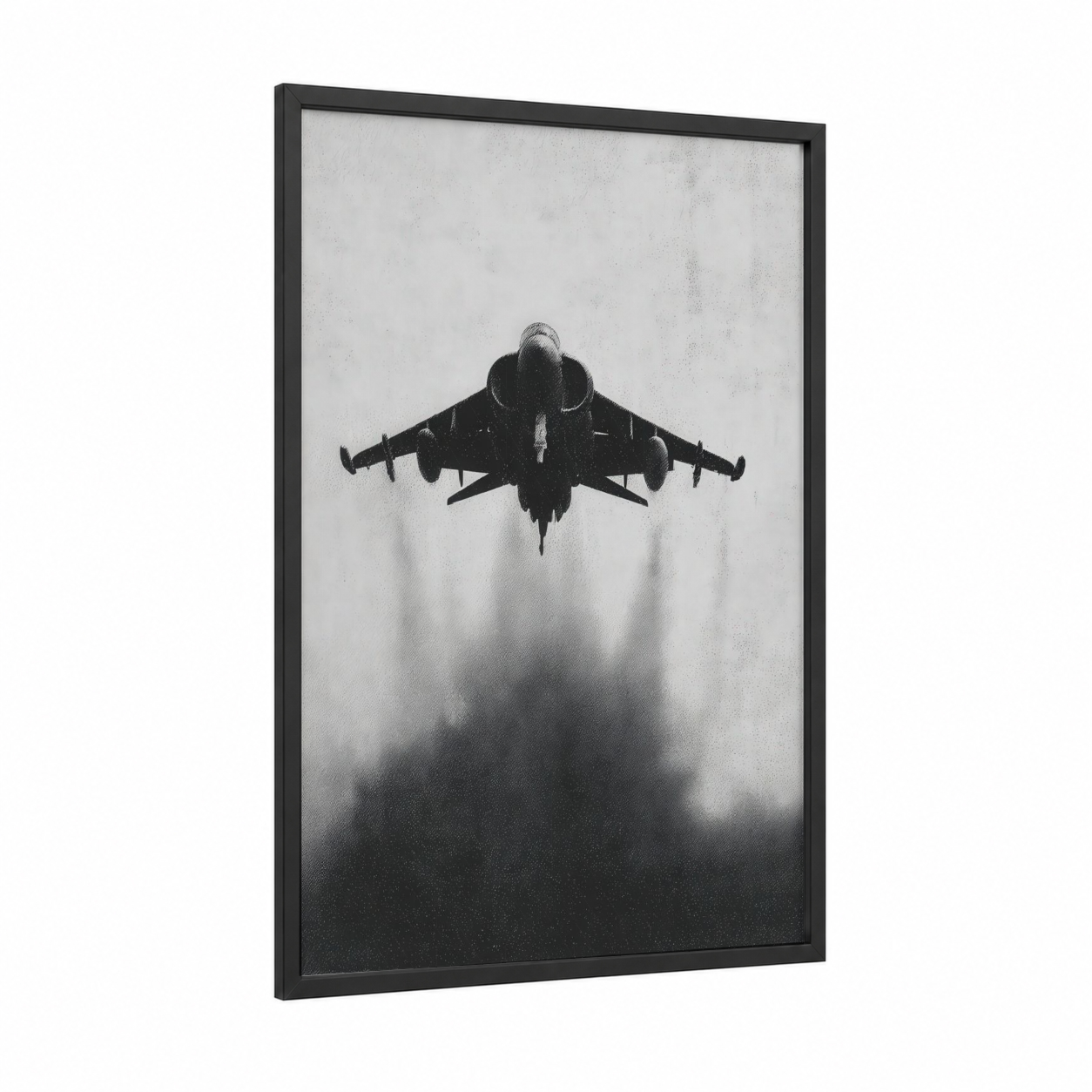 Ascending Jet framed military plane print — black wood frame — black and white and gray palette