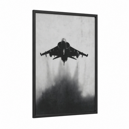 Ascending Jet framed military plane print — black wood frame — black and white and gray palette
