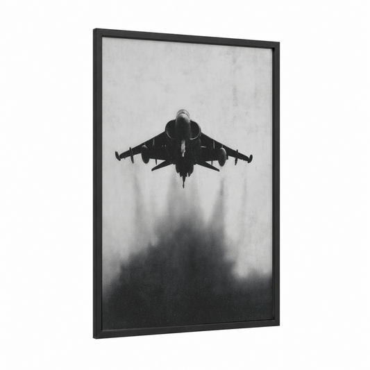 Ascending Jet framed military plane print — black wood frame — black and white and gray palette