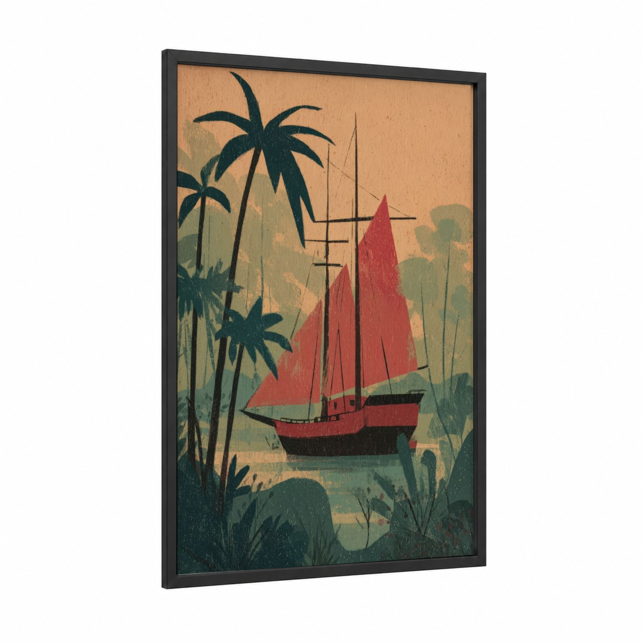 Red Sailing Ship framed old ships print — black wood frame — peach and sage green palette