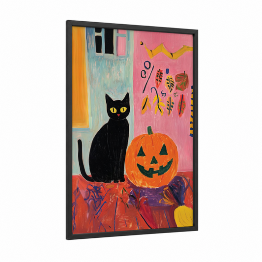 Halloween Black Cat framed art print — black wood frame — pink and orange palette