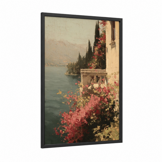 Lakeside Garden framed art print — black wood frame — salmon pink and blue and gold palette