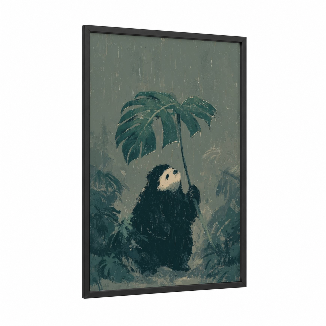 Rainy Sloth Bear framed art print — black wood frame — teal and gray palette
