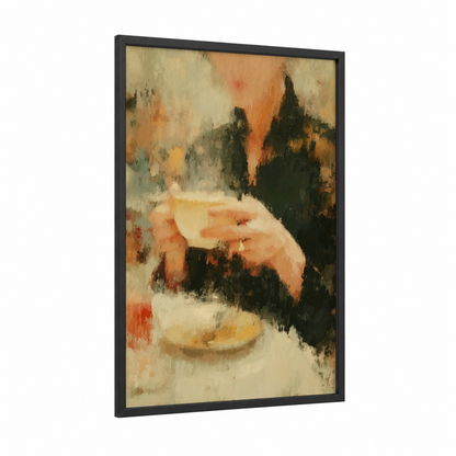 Warm Tea Moment framed art print — black wood frame — gold and russet palette
