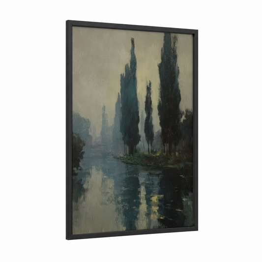 Misty Cypress Lane framed cypress tree print — black wood frame — dove gray and teal palette