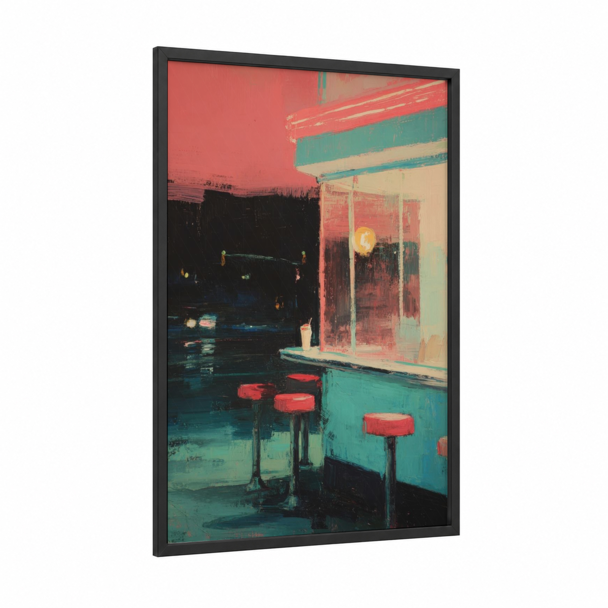 Neon Diner framed fast food print — black wood frame — magenta and teal palette