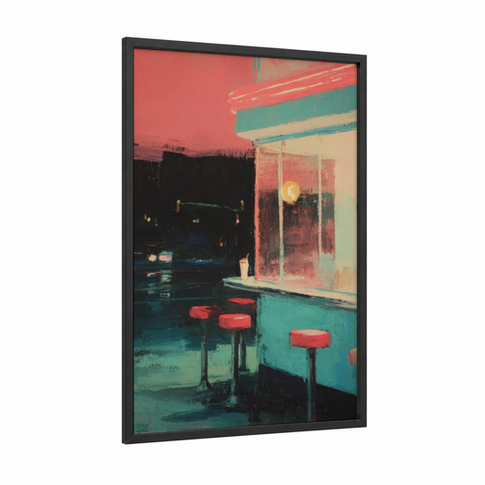 Neon Diner framed fast food print — black wood frame — magenta and teal palette