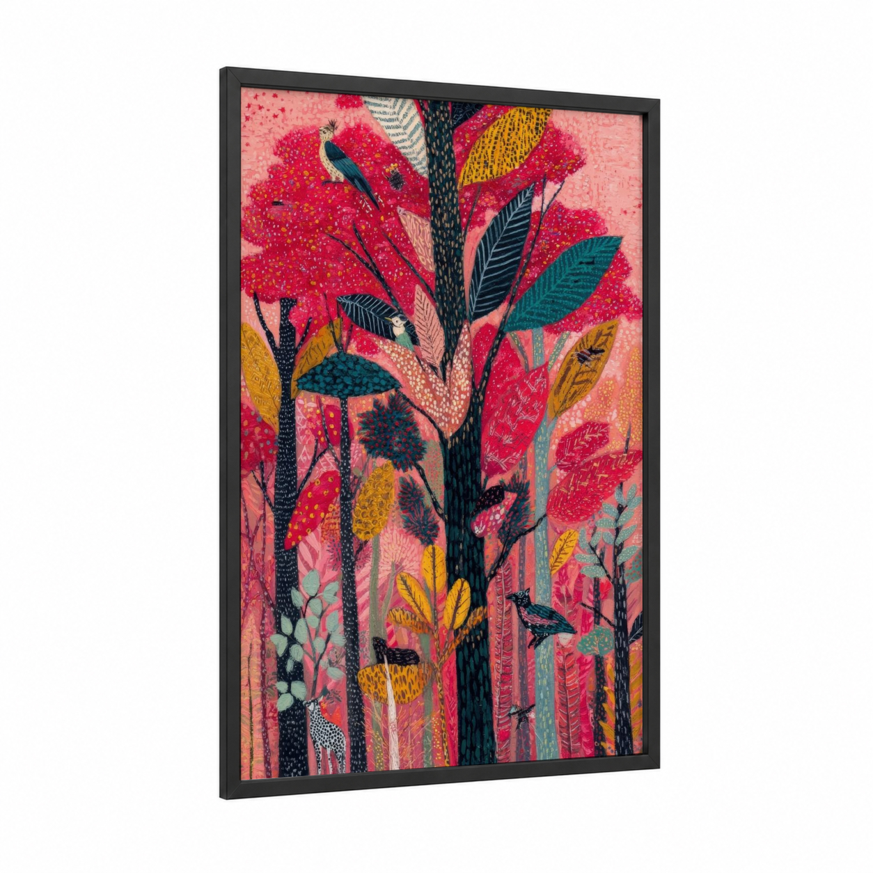 Crimson Redwood Forest framed redwood tree print — black wood frame — magenta and gold palette
