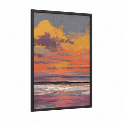 Golden Sunset framed summer print — black wood frame — gold and orange palette