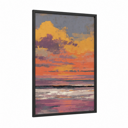 Golden Sunset framed summer print — black wood frame — gold and orange palette