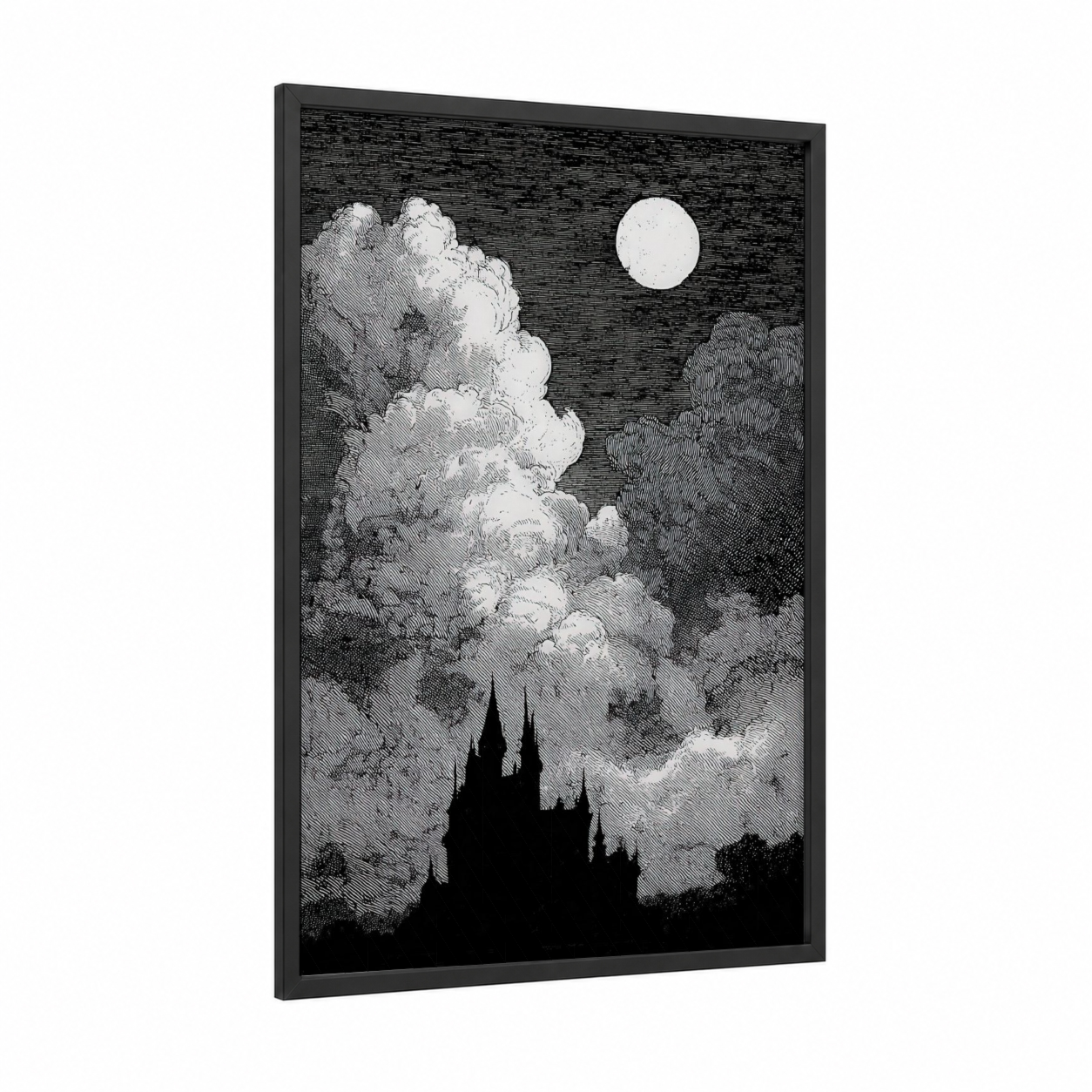Night Sky Castle framed art print — black wood frame — black and white palette