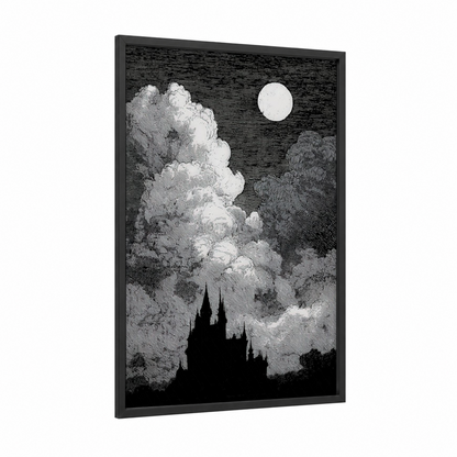 Night Sky Castle framed art print — black wood frame — black and white palette
