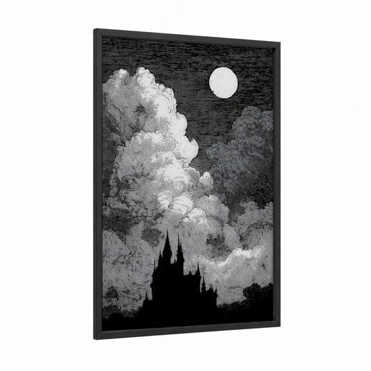 Night Sky Castle framed art print — black wood frame — black and white palette
