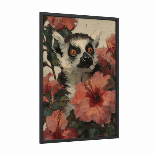 Floral Lemur framed art print — black wood frame — rose gold and cream palette