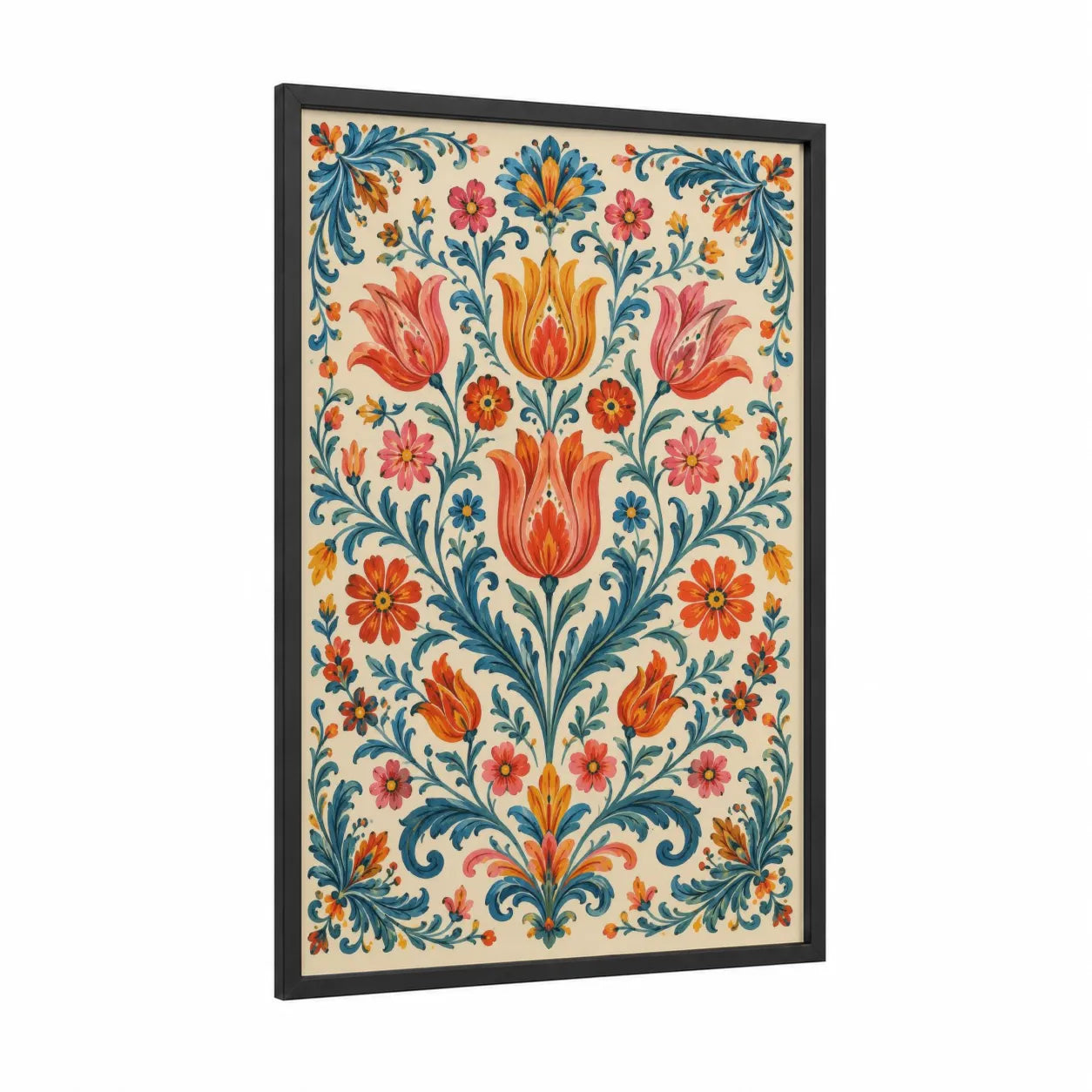 Vintage Floral Tulip Pattern Wall Art framed art print — black wood frame — orange and blue palette