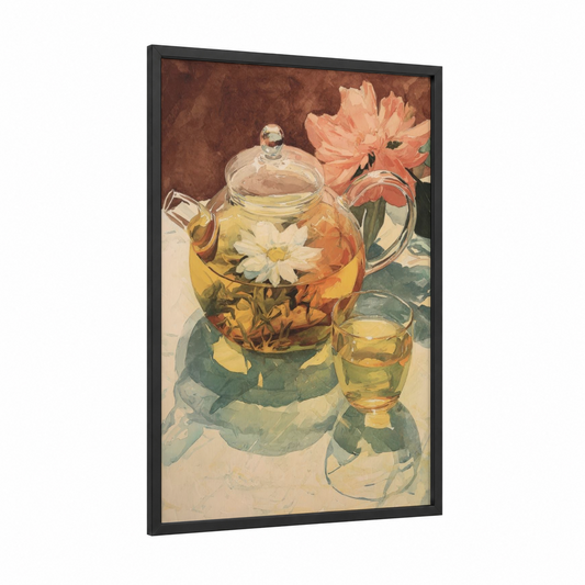 Floral Tea Ceremony framed art print — black wood frame — russet and cream palette