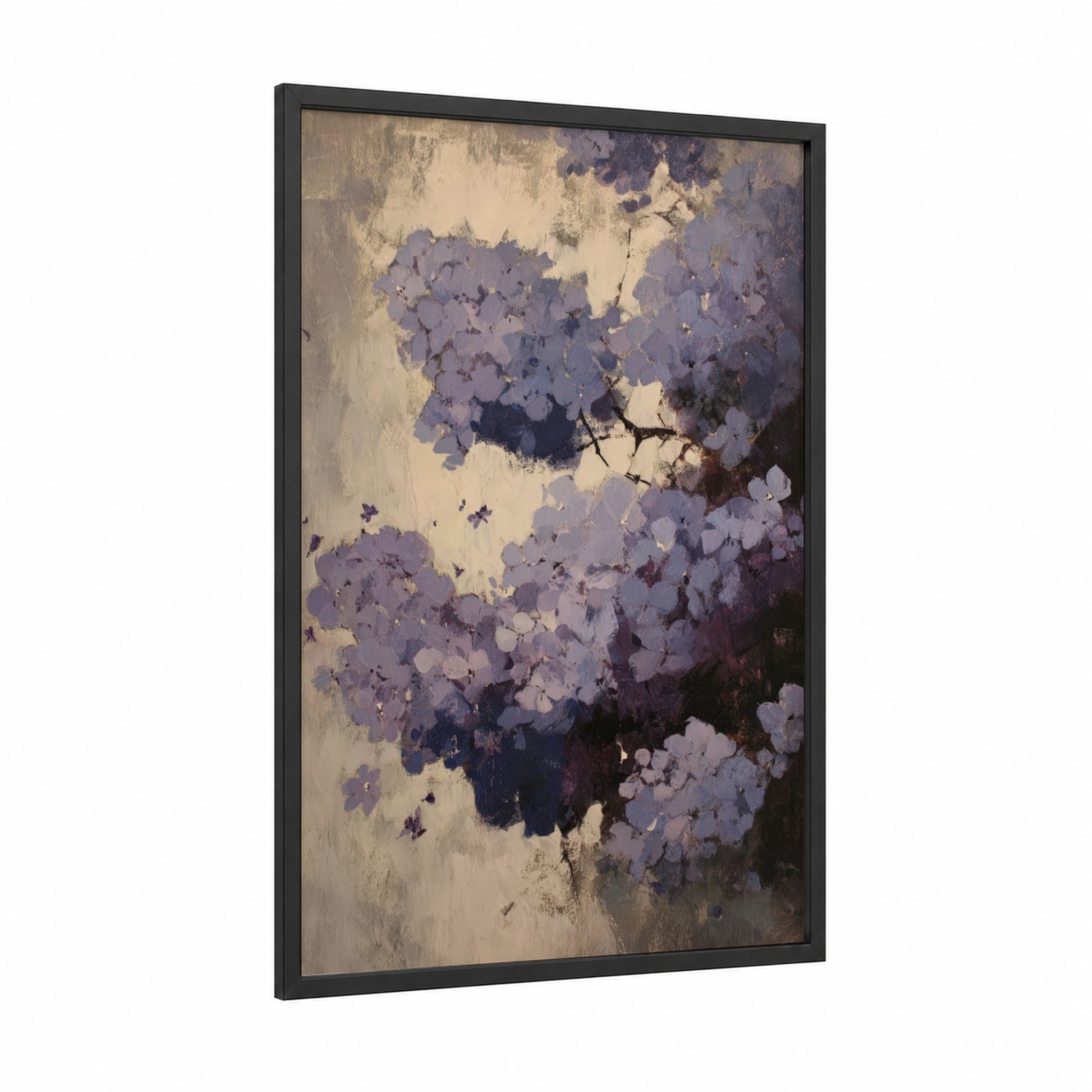 Soft Lilac Blooms framed art print — black wood frame — lavender and cream palette
