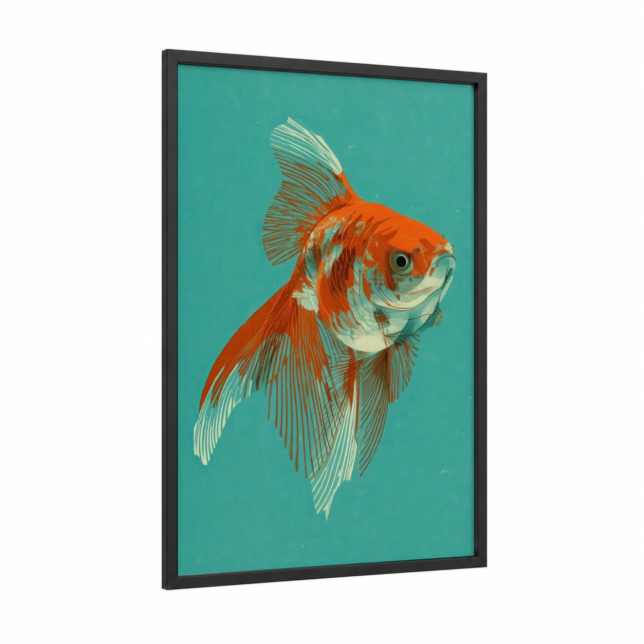 Orange Goldfish framed art print — black wood frame — orange and turquoise palette