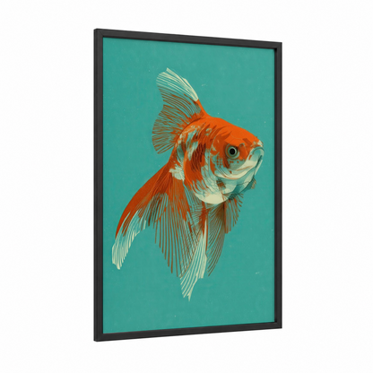 Orange Goldfish framed art print — black wood frame — orange and turquoise palette
