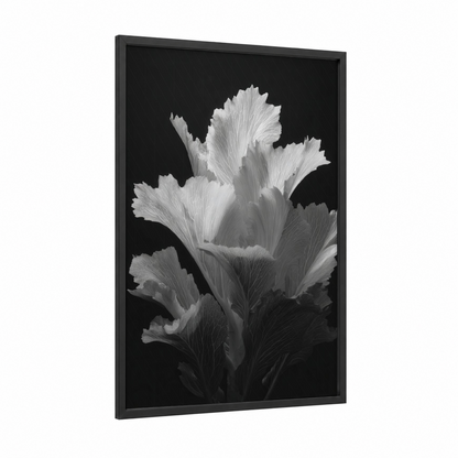 Monochrome Iris framed leaf print — black wood frame — black and white and gray palette