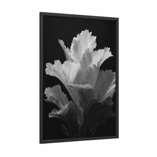 Monochrome Iris framed leaf print — black wood frame — black and white and gray palette