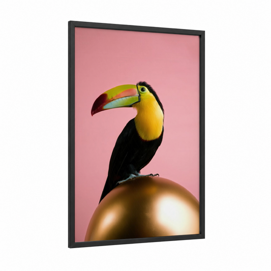 Golden Toucan framed art print — black wood frame — pink and yellow gold palette