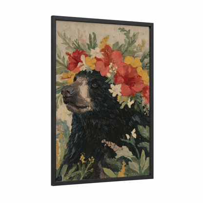 Floral Sloth Bear framed art print — black wood frame — red and gold palette