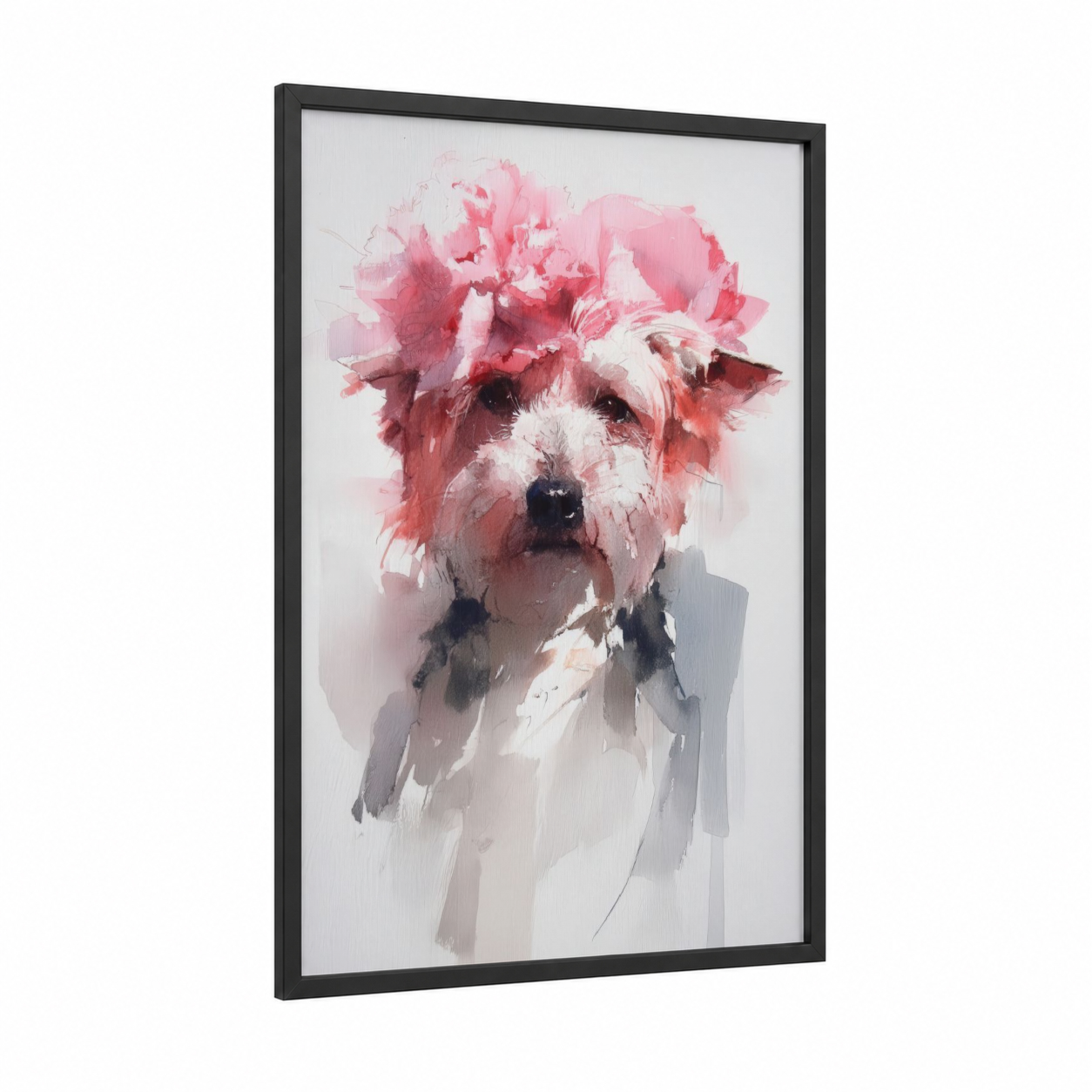 Pink Terrier Portrait framed art print — black wood frame — pink and white palette
