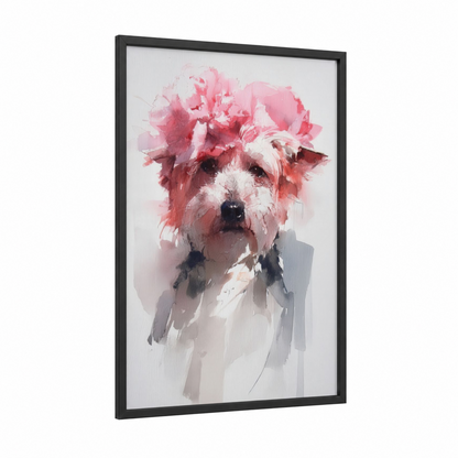 Pink Terrier Portrait framed art print — black wood frame — pink and white palette